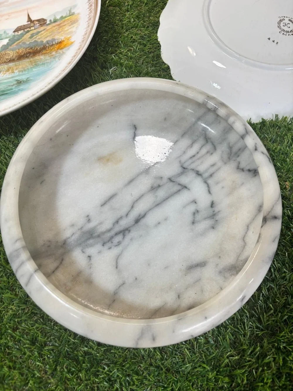 Vintage Crescent China Serving Lot Scenic Platter Floral Bowl Marble Tray 3 Pc